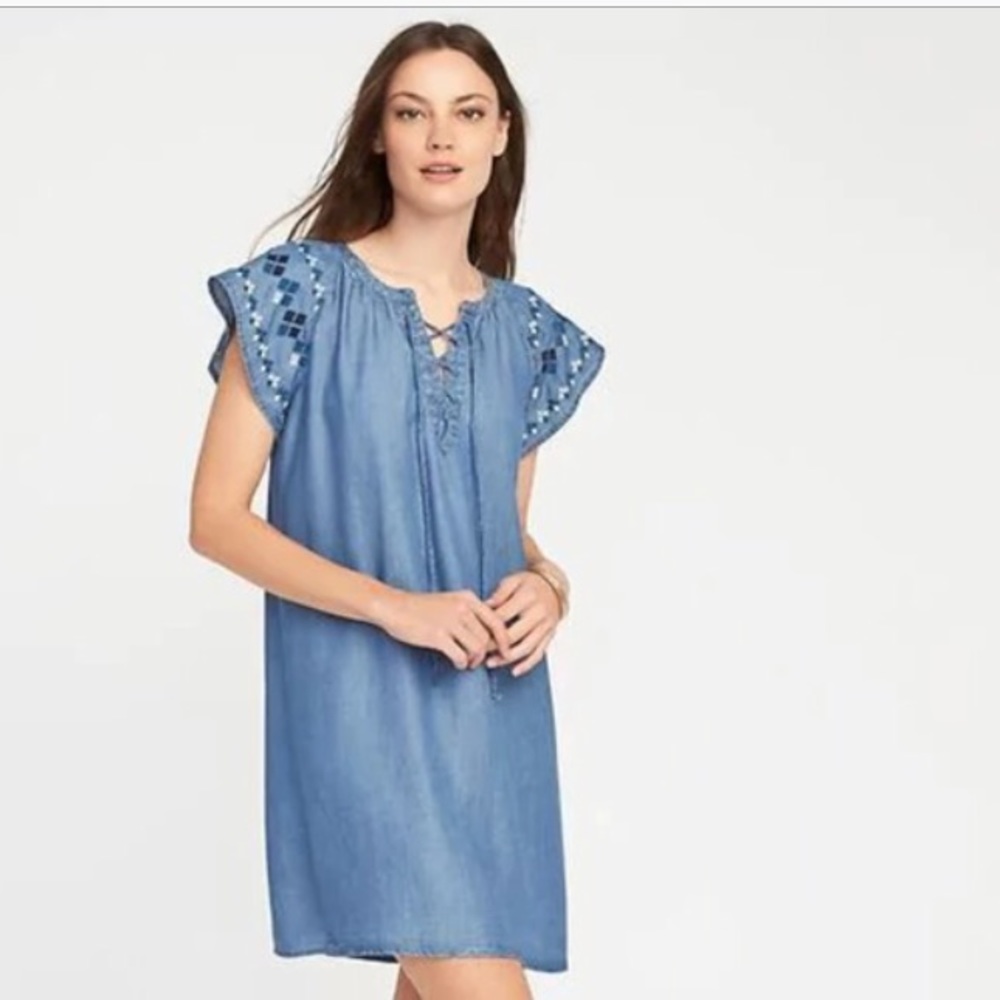 Old Navy Chambray Blue Lace Up Tencel Shift Dress